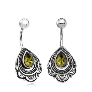 1pc- Ornate Silver with Peridot Gemstone Belly Ring