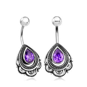 1pc- Ornate Silver with Amethyst Gemstone Bellyring