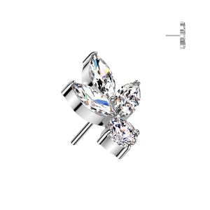 1pc- Implant Grade Titanium Threadless Push In 3 Marquise CZ Leaf With Round CZ Top